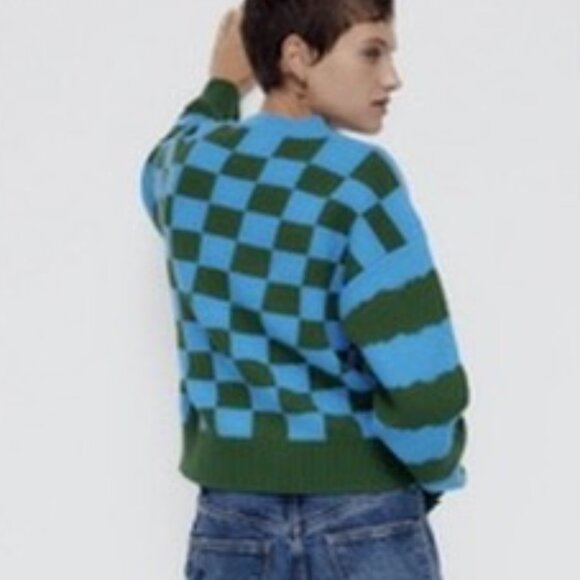 ZARA Mushroom Toadstool Blue Green Striped Check Quirky Indie Sweater Medium - Picture 3 of 15